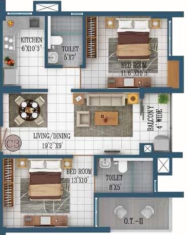 Floor plan of 2 BHK 907 Sq. Ft. Apartment in Orbit Lumiere, Kolkata