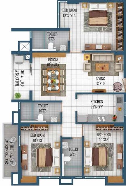 Floor plan of 3 BHK 1143 Sq. Ft. Apartment in Orbit Lumiere, Kolkata