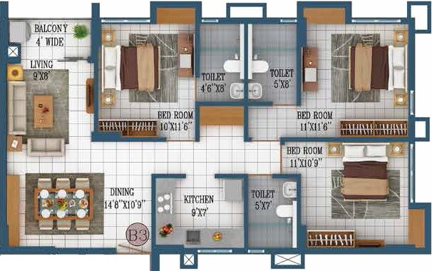 Floor plan of 3 BHK 912 Sq. Ft. Apartment in Orbit Lumiere, Kolkata