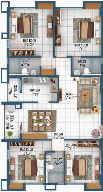 Floor plan of 4 BHK 1610 Sq. Ft. Apartment in Orbit Lumiere, Kolkata