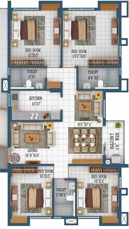 Floor plan of 4 BHK 1880 Sq. Ft. Apartment in Orbit Lumiere, Kolkata
