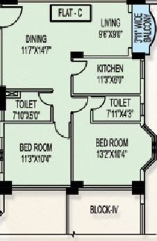 Floor plan of 2 BHK 1040 Sq. Ft. Apartment in Orbit Sky View, Kolkata