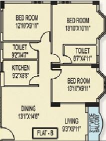 Floor plan of 3 BHK 1385 Sq. Ft. Apartment in Orbit Sky View, Kolkata