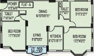Floor plan of 3 BHK 1425 Sq. Ft. Apartment in Orbit Sky View, Kolkata