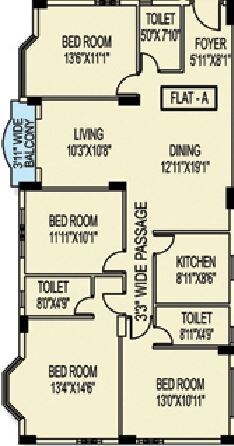 Floor plan of 4 BHK 1895 Sq. Ft. Apartment in Orbit Sky View, Kolkata