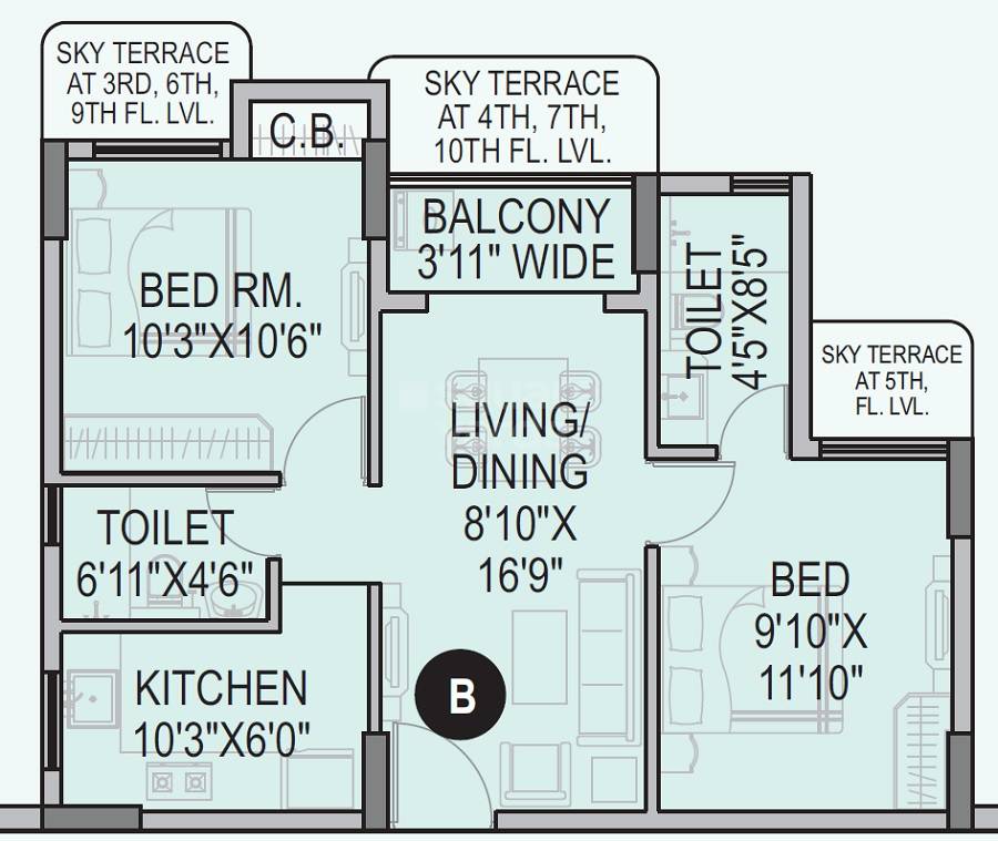 Floor plan of 2 BHK 910 Sq. Ft. Apartment in Orbit Tarang, Kolkata
