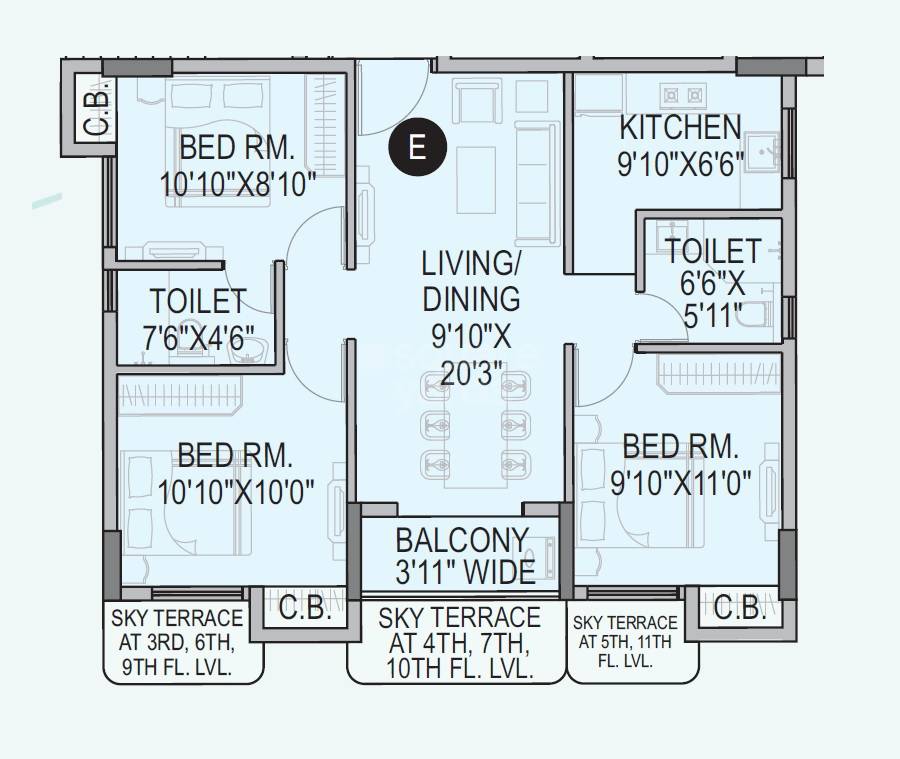 Floor plan of 3 BHK 1185 Sq. Ft. Apartment in Orbit Tarang, Kolkata