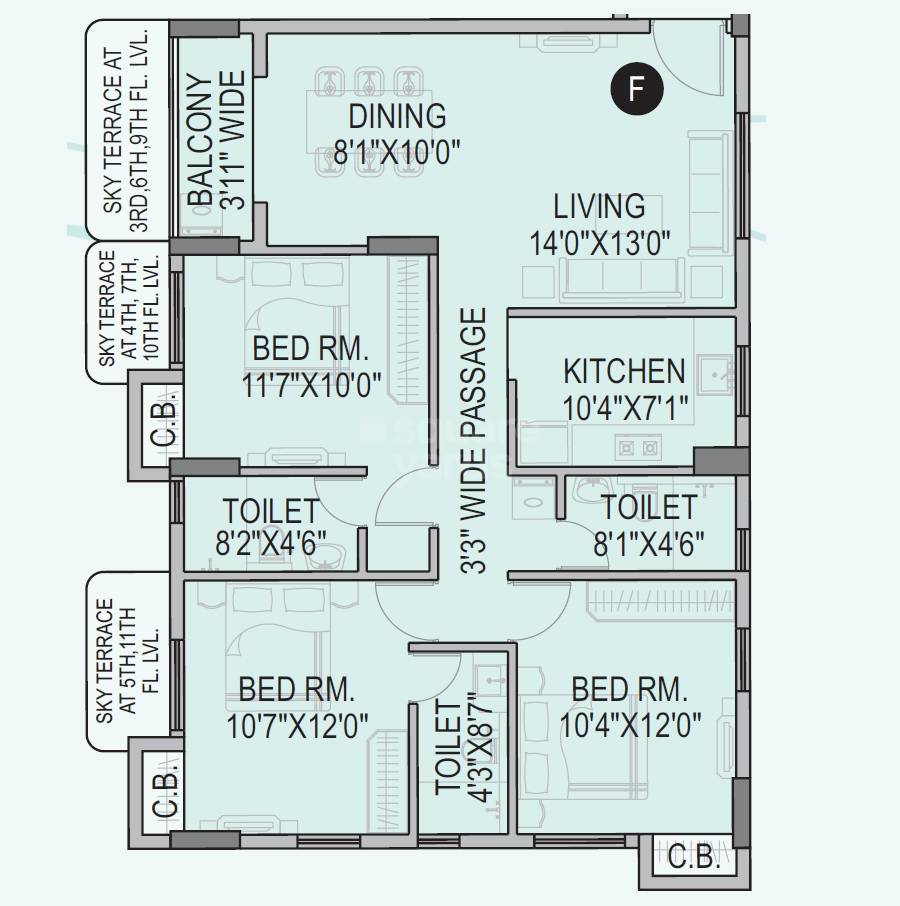 Floor plan of 3 BHK 1505 Sq. Ft. Apartment in Orbit Tarang, Kolkata