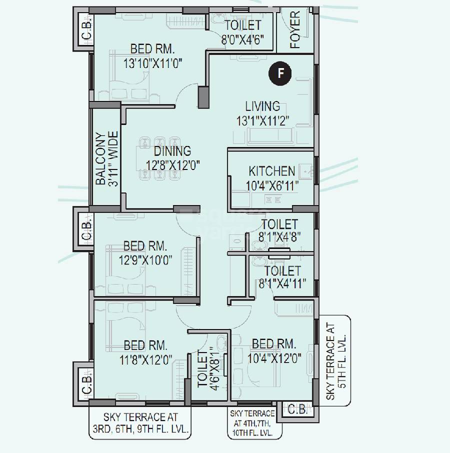Floor plan of 4 BHK 1920 Sq. Ft. Apartment in Orbit Tarang, Kolkata
