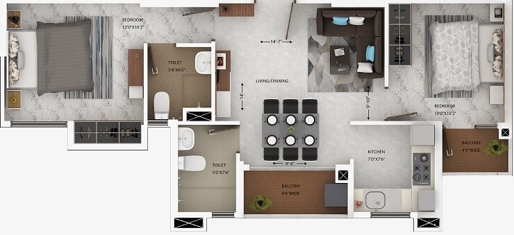 Floor plan of 2 BHK 940 Sq. Ft. Apartment in Oswal Orchard Amritaya, Kolkata