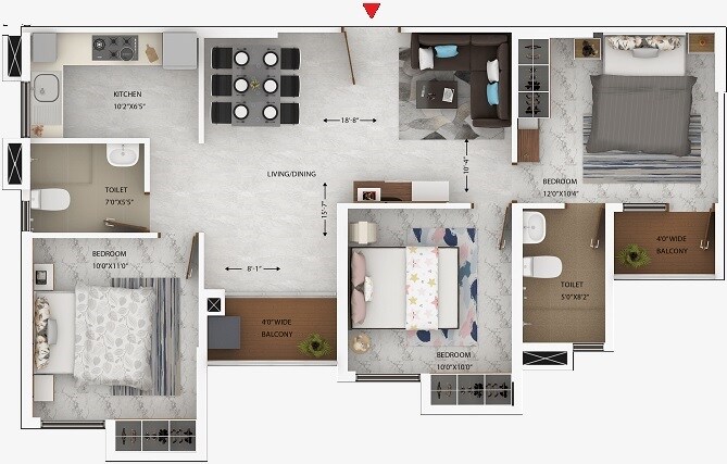 Floor plan of 3 BHK 1205 Sq. Ft. Apartment in Oswal Orchard Amritaya, Kolkata