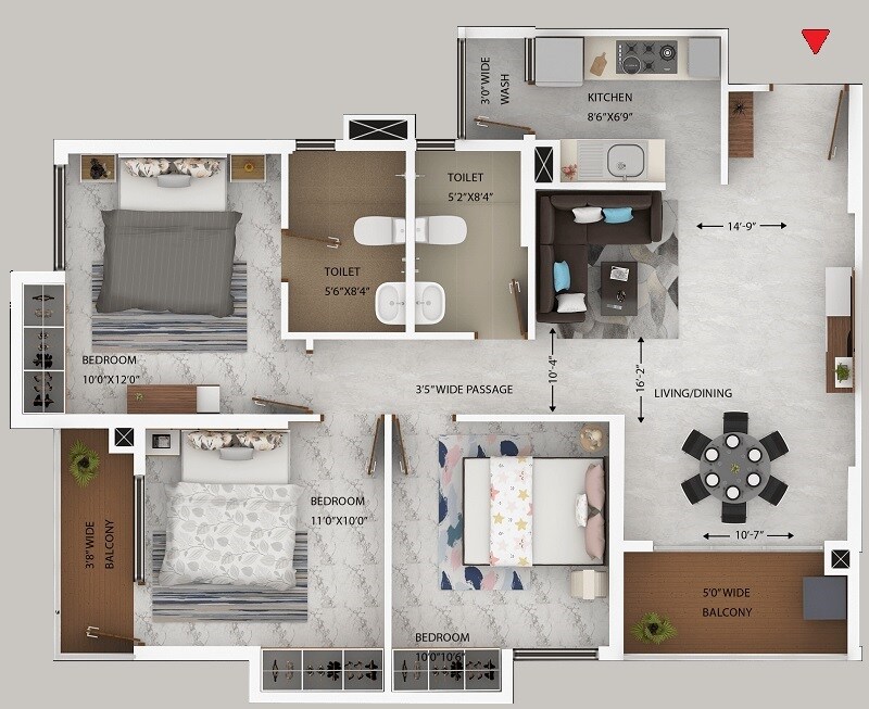Floor plan of 3 BHK 1335 Sq. Ft. Apartment in Oswal Orchard Amritaya, Kolkata