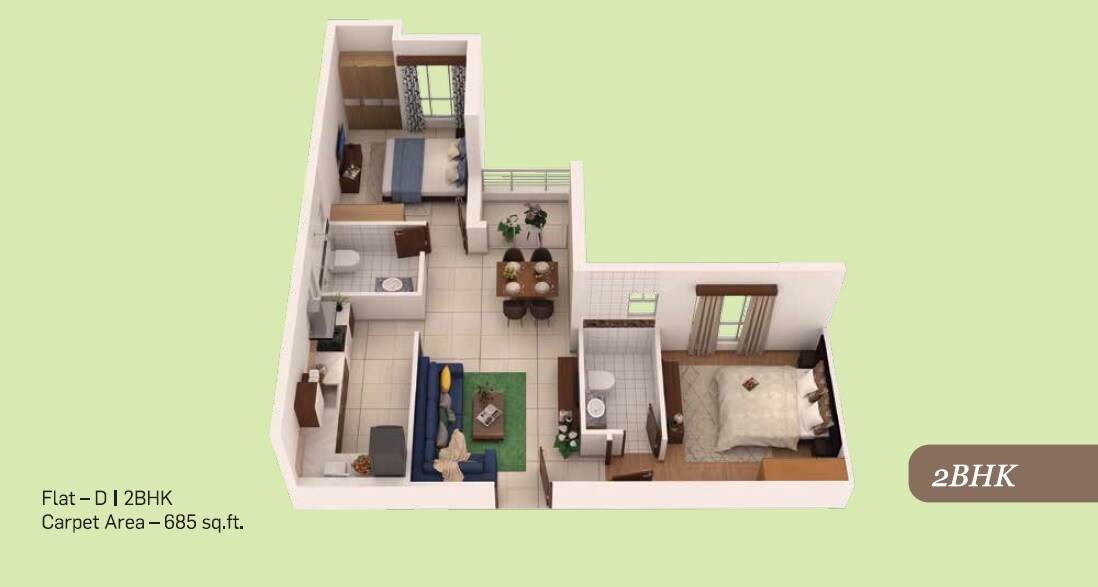 Floor plan of 2 BHK 685 Sq. Ft. Apartment in Oswal Orchard Avaasa, Kolkata