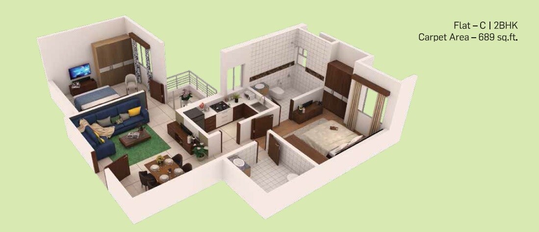 Floor plan of 2 BHK 689 Sq. Ft. Apartment in Oswal Orchard Avaasa, Kolkata