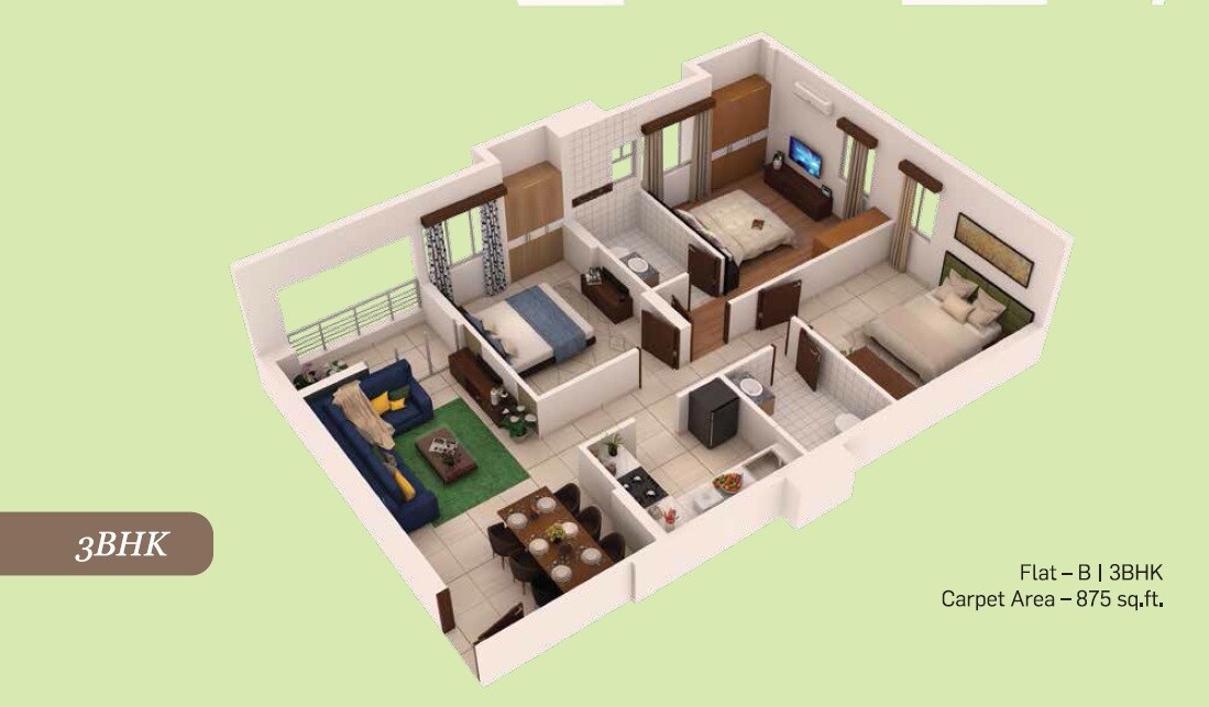 Floor plan of 3 BHK 875 Sq. Ft. Apartment in Oswal Orchard Avaasa, Kolkata