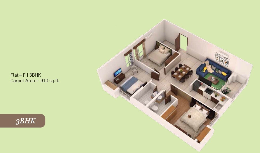 Floor plan of 3 BHK 910 Sq. Ft. Apartment in Oswal Orchard Avaasa, Kolkata