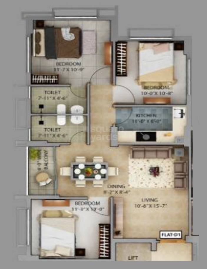 Floor plan of 3 BHK 1201 Sq. Ft. Apartment in Panchmukhi Pearl, Kolkata