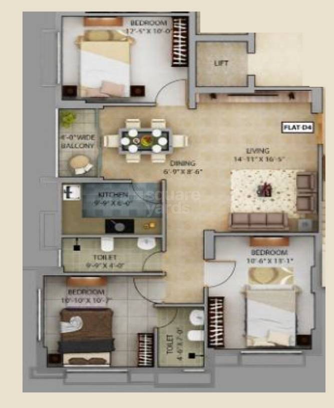 Floor plan of 3 BHK 1340 Sq. Ft. Apartment in Panchmukhi Pearl, Kolkata