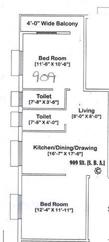 Floor plan of 2 BHK 909 Sq. Ft. Apartment in Associate Prantik Abasan, Kolkata