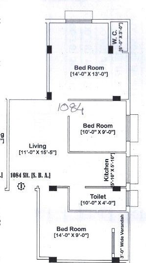 Floor plan of 3 BHK 1184 Sq. Ft. Apartment in Associate Prantik Abasan, Kolkata