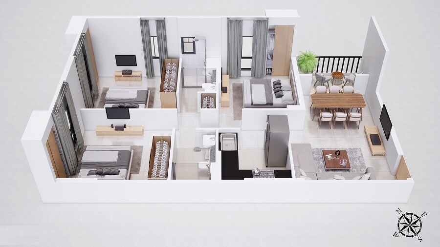 Floor plan of 3 BHK 1312 Sq. Ft. Apartment in Premier Mica Joy 98, Kolkata