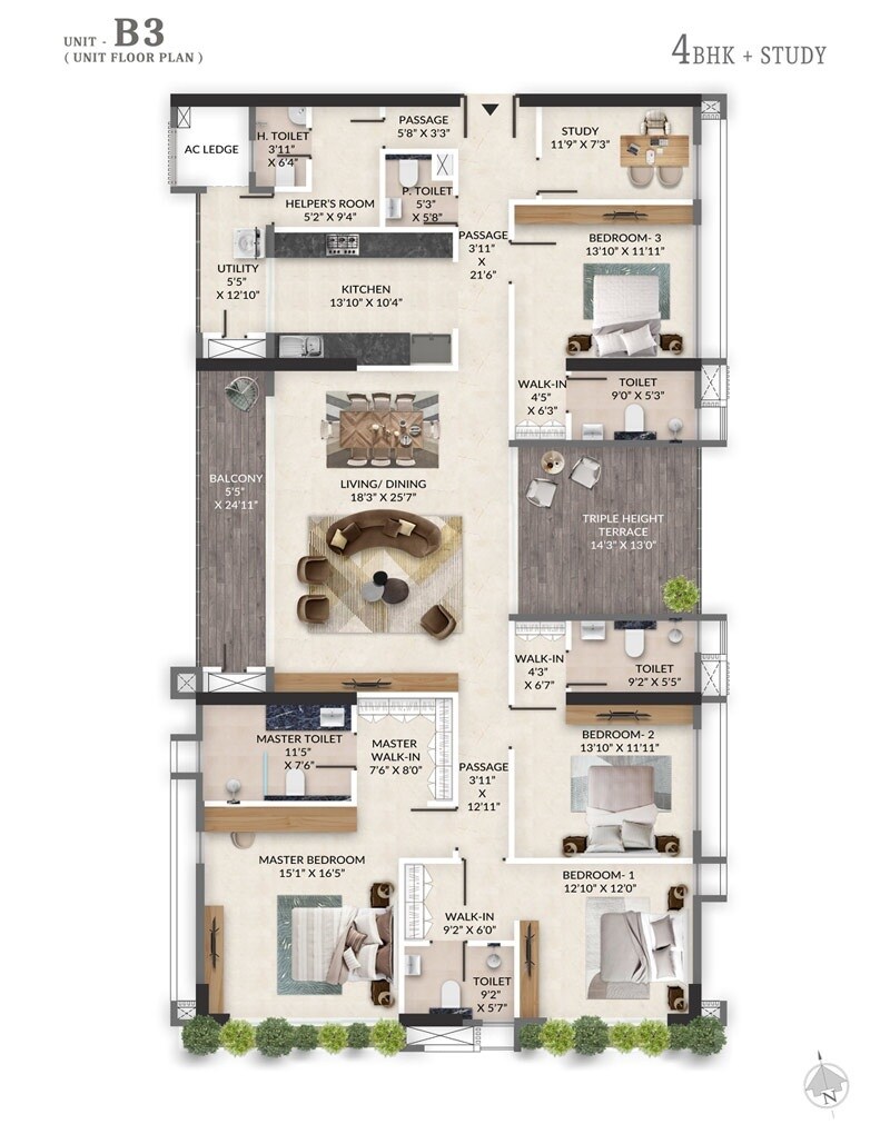 Floor plan of 4 BHK 3600 Sq. Ft. Apartment in Primarc Aahana, Kolkata