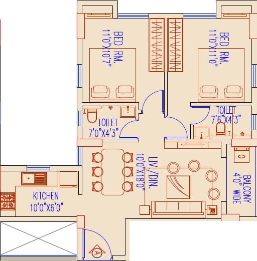 Floor plan of 2 BHK 957 Sq. Ft. Apartment in Primarc Allure, Kolkata
