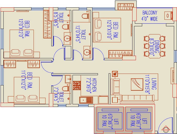 Floor plan of 3 BHK 1415 Sq. Ft. Apartment in Primarc Allure, Kolkata