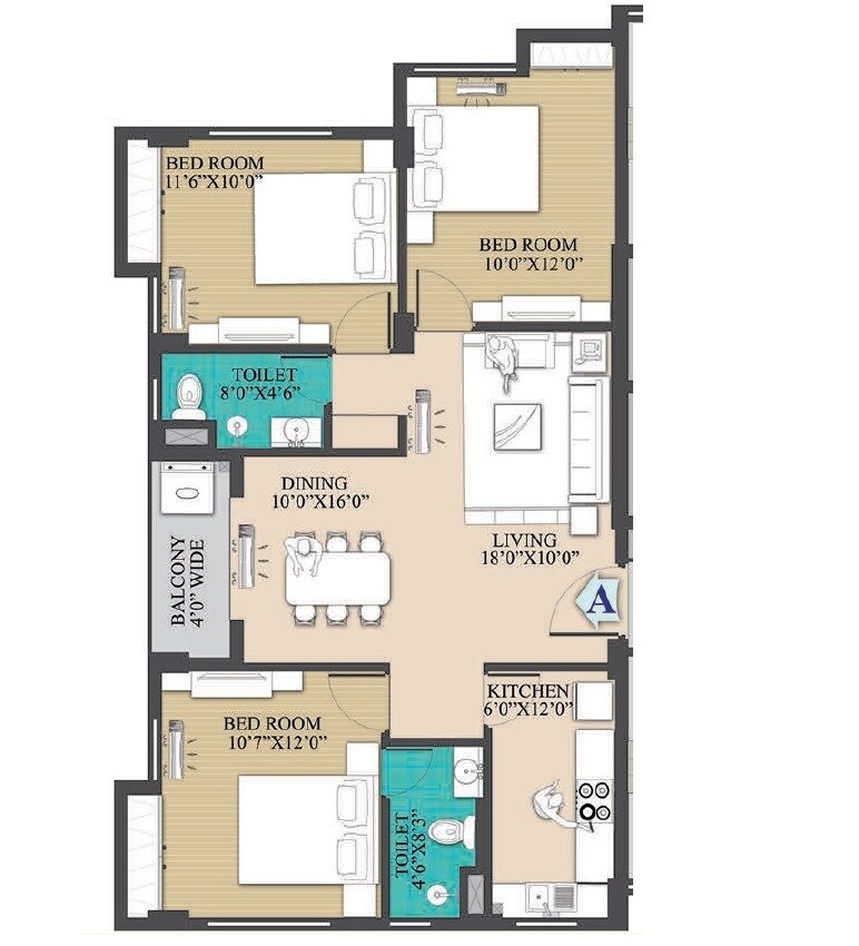 Floor plan of 3 BHK Apartment - 833 sq. ft. in Primarc Anukul, Kolkata