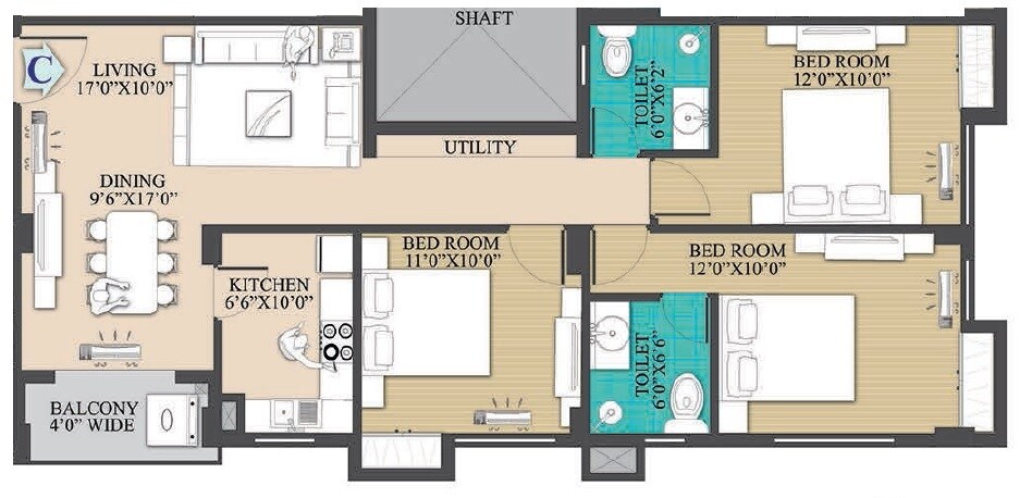 Floor plan of 3 BHK Apartment - 896 sq. ft. in Primarc Anukul, Kolkata