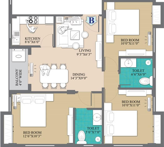Floor plan of 3 BHK Apartment - 758 sq. ft. in Primarc Anukul, Kolkata