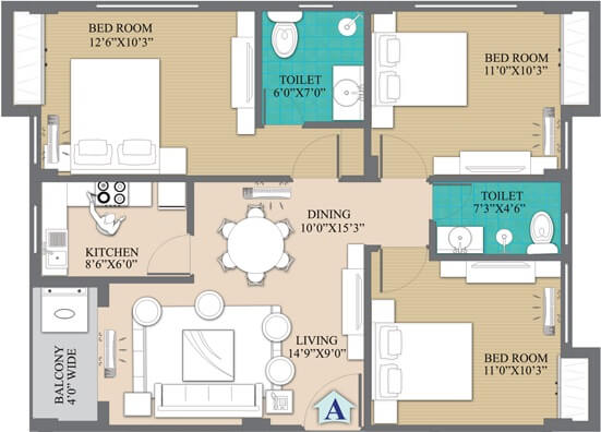 Floor plan of 3 BHK Apartment - 768 sq. ft. in Primarc Anukul, Kolkata