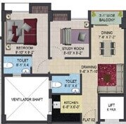 Floor plan of 2 BHK 711 Sq. Ft. Apartment in Primarc Aura, Kolkata