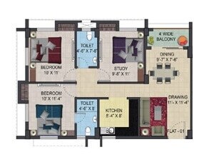Floor plan of 2 BHK 1131 Sq. Ft. Apartment in Primarc Aura, Kolkata