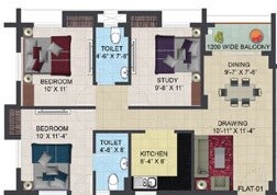 Floor plan of 2 BHK 1202 Sq. Ft. Apartment in Primarc Aura, Kolkata