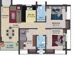 Floor plan of 2 BHK 992 Sq. Ft. Apartment in Primarc Aura, Kolkata