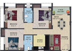Floor plan of 3 BHK 1140 Sq. Ft. Apartment in Primarc Aura, Kolkata
