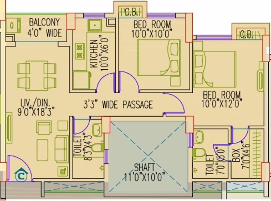 Floor plan of 2 BHK 959 Sq. Ft. Apartment in Primarc Shrachi Aangan, Kolkata