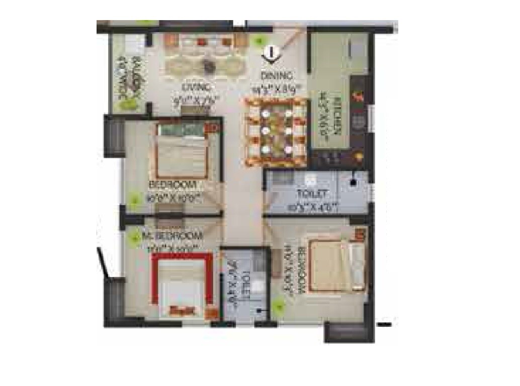 Floor plan of 3 BHK 1187 Sq. Ft. Apartment in Primarc Shrachi Aangan, Kolkata