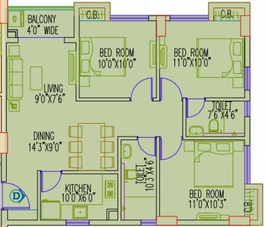 Floor plan of 3 BHK 1278 Sq. Ft. Apartment in Primarc Shrachi Aangan, Kolkata
