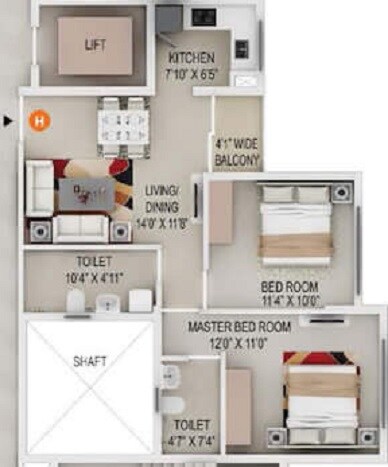 Floor plan of 2 BHK 881 Sq. Ft. Apartment in Primarc Southwinds, Kolkata