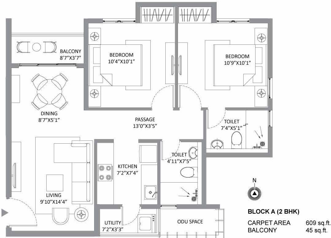 Floor plan of 2 BHK 609 Sq. Ft. Apartment in PrimarcThe Soul, Kolkata