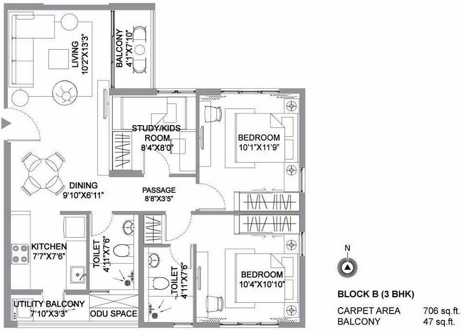 Floor plan of 3 BHK 706 Sq. Ft. Apartment in PrimarcThe Soul, Kolkata