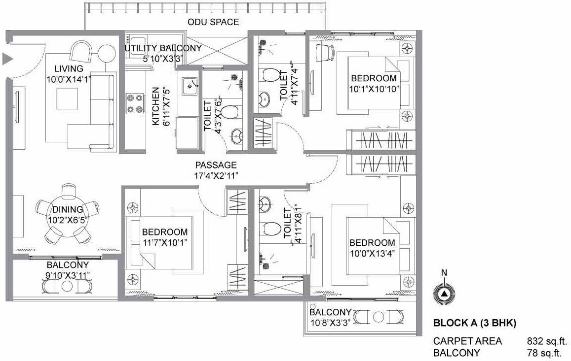 Floor plan of 3 BHK 832 Sq. Ft. Apartment in PrimarcThe Soul, Kolkata