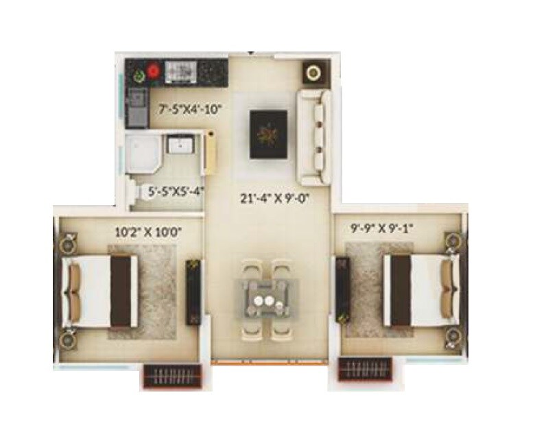 Floor plan of 2 BHK 676 Sq. Ft. Apartment in Prudent Amaya Residences, Kolkata