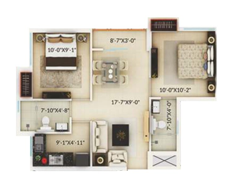 Floor plan of 2 BHK 802 Sq. Ft. Apartment in Prudent Amaya Residences, Kolkata