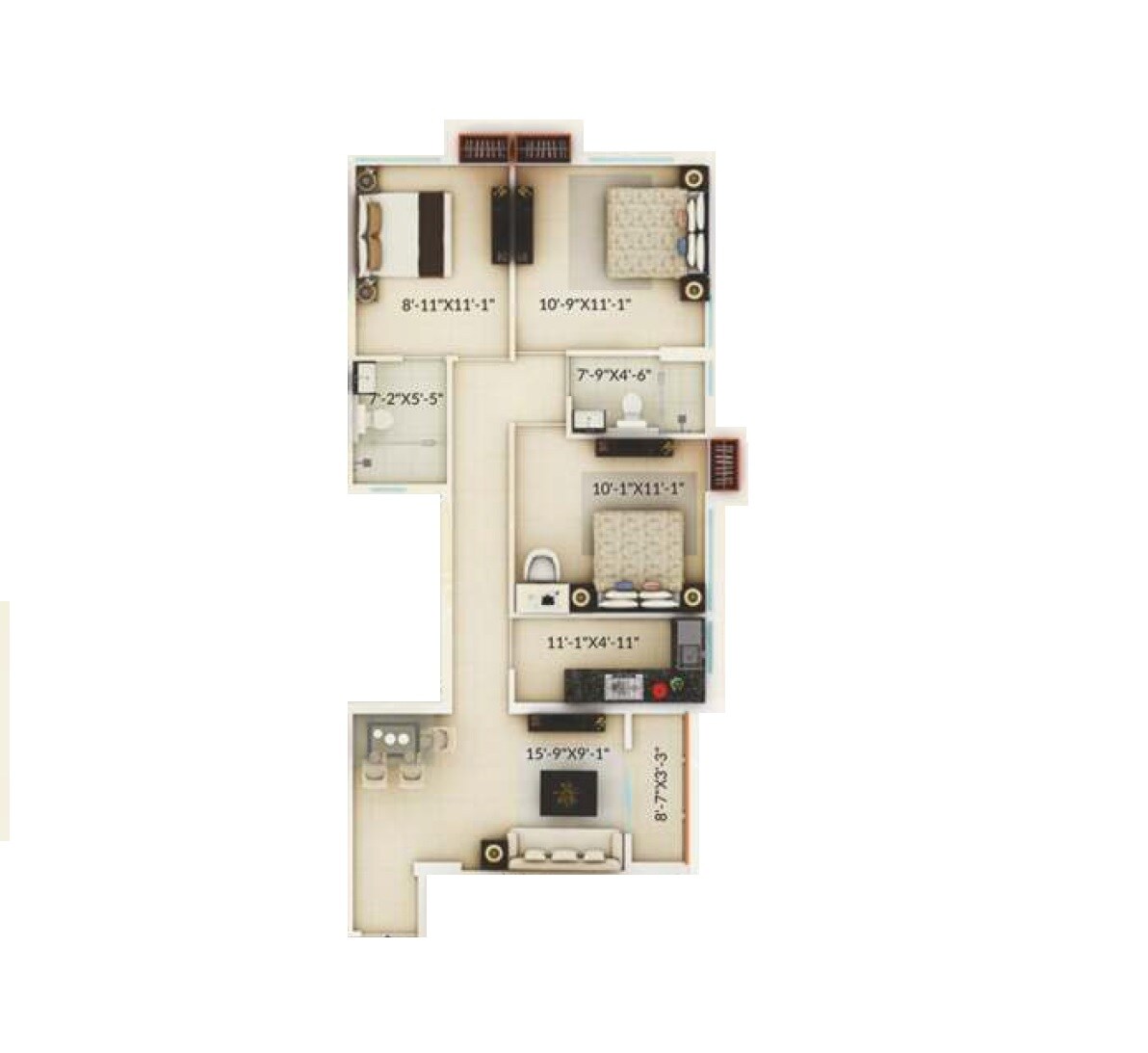 Floor plan of 3 BHK 1099 Sq. Ft. Apartment in Prudent Amaya Residences, Kolkata