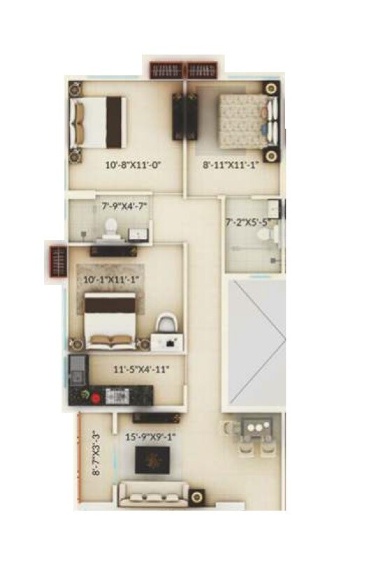 Floor plan of 3 BHK 1130 Sq. Ft. Apartment in Prudent Amaya Residences, Kolkata