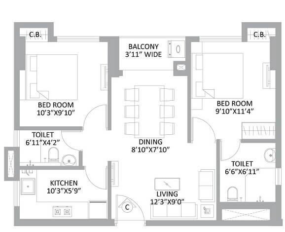 Floor plan of 2 BHK 569 Sq. Ft. Apartment in PS Amistad, Kolkata