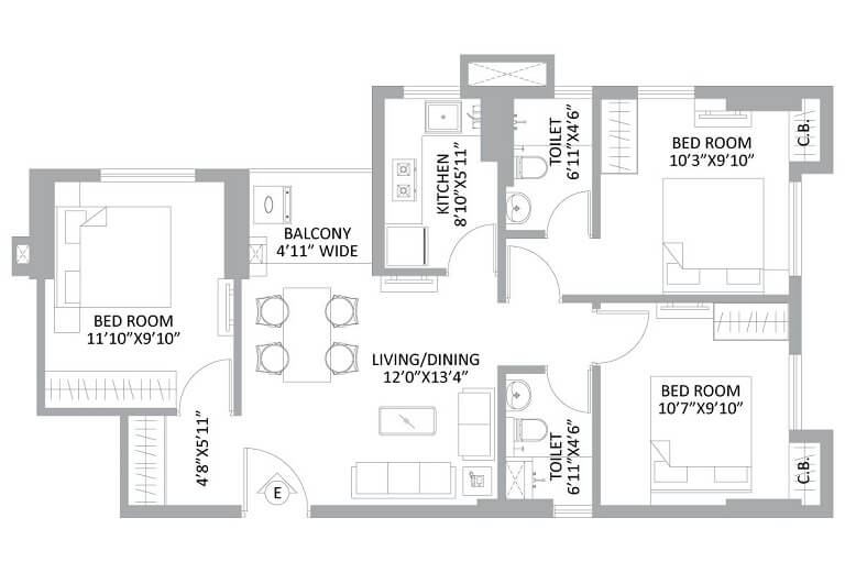 Floor plan of 3 BHK 681 Sq. Ft. Apartment in PS Amistad, Kolkata